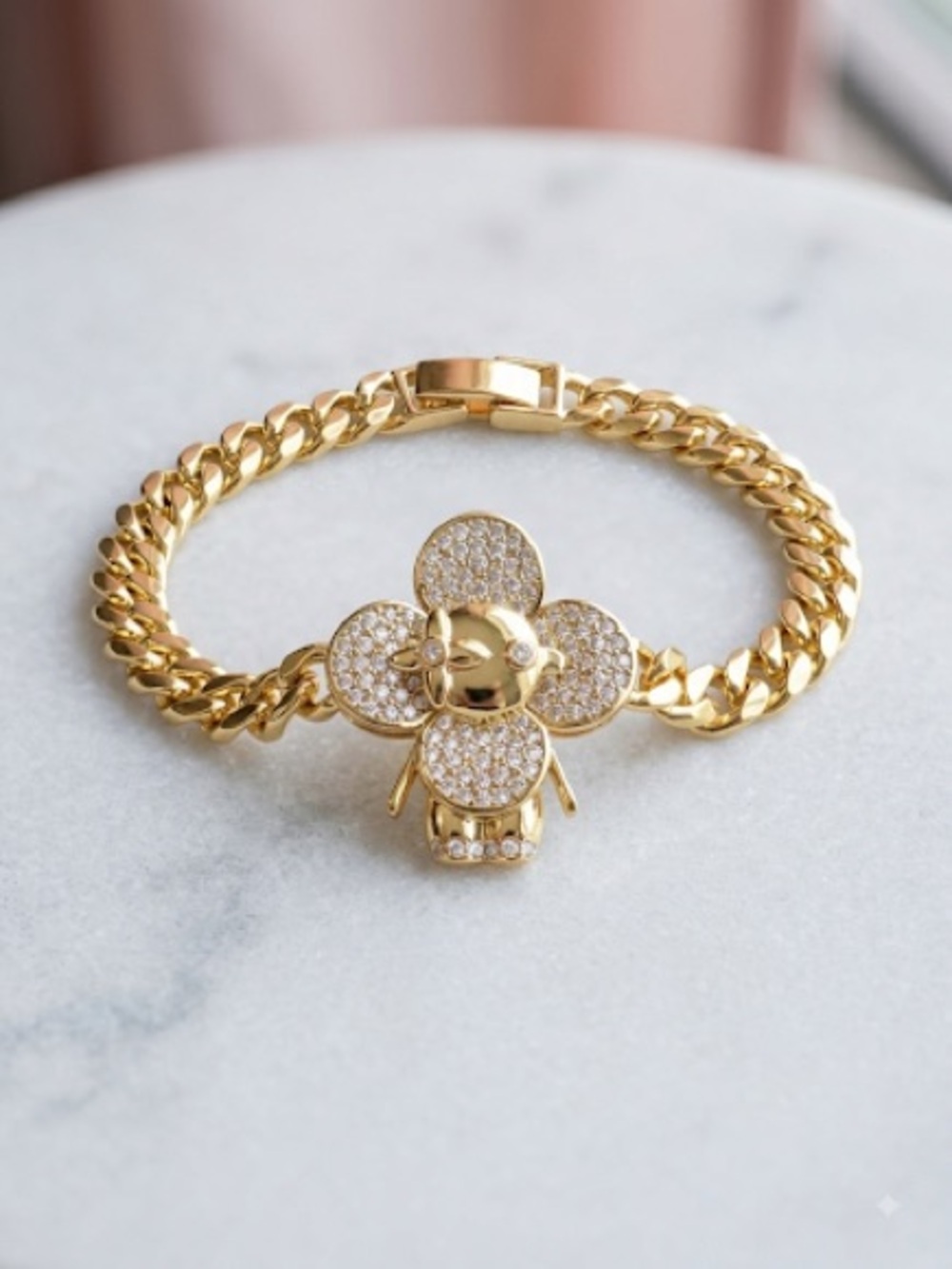 14k/18k Gold - Filled Pave Flower Charm Cuban Bracelet